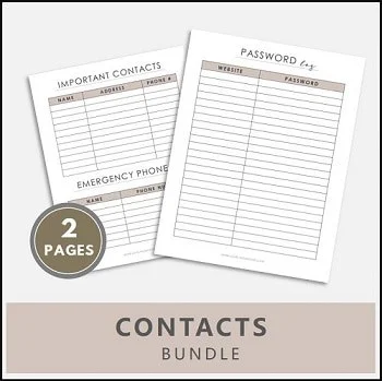 Contacts printables, password log printable